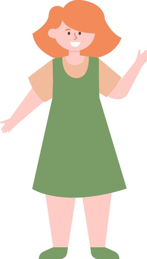 Full length illustration featuring a young woman with vibrant red hair, wearing a cheerful green apron, smiling and waving happily with her hand raised in a friendly greeting vector