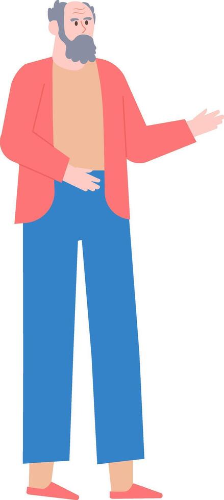 Full body illustration featuring an elderly man with grey hair and beard, wearing casual clothes, gesturing with his hand to show and present something in a friendly manner vector