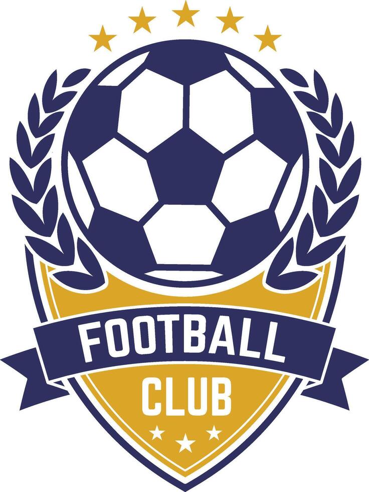 Stylish emblem for a football club featuring a ball, laurel wreath, five stars, and a ribbon banner with FOOTBALL CLUB in white on a blue background, perfect for sports branding vector