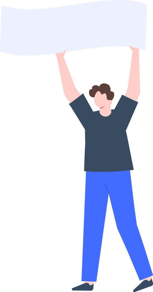 Young man holding a blank banner is participating in a peaceful demonstration for human rights and freedom of speech, political meeting or parade participation vector