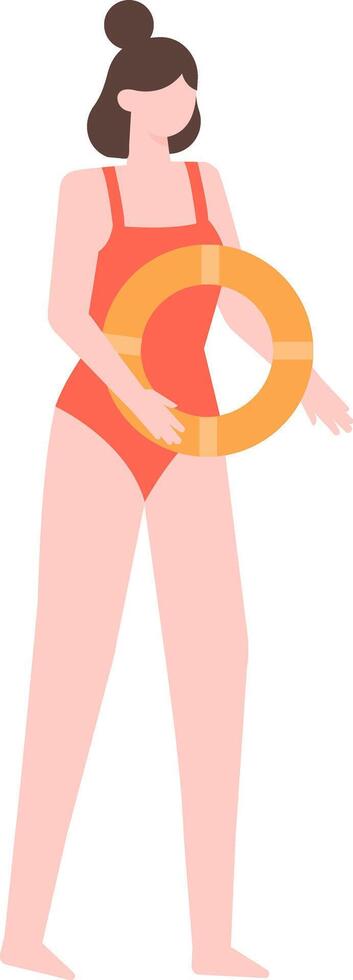 Lifeguard holding a lifebuoy, wearing a red swimsuit, ready to rescue people in danger in the water, ensuring safety at the beach or swimming pool vector