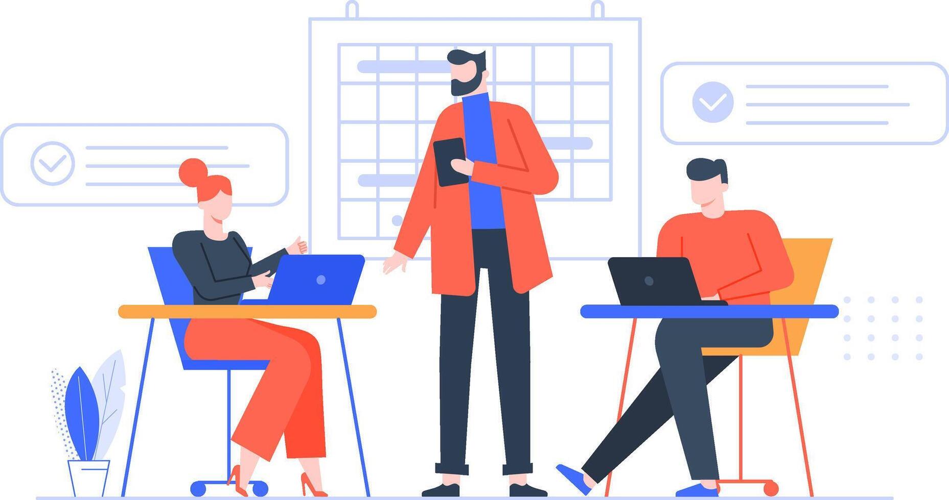 Business team working together in a coworking space, planning and using laptops near a manager holding a tablet and a wall calendar, with checkmarks indicating completed tasks vector
