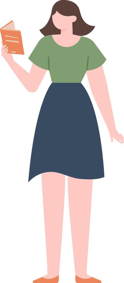 Young woman holding an open book, enjoying reading, literature fan, knowledge and education library concept, studying and learning illustration vector