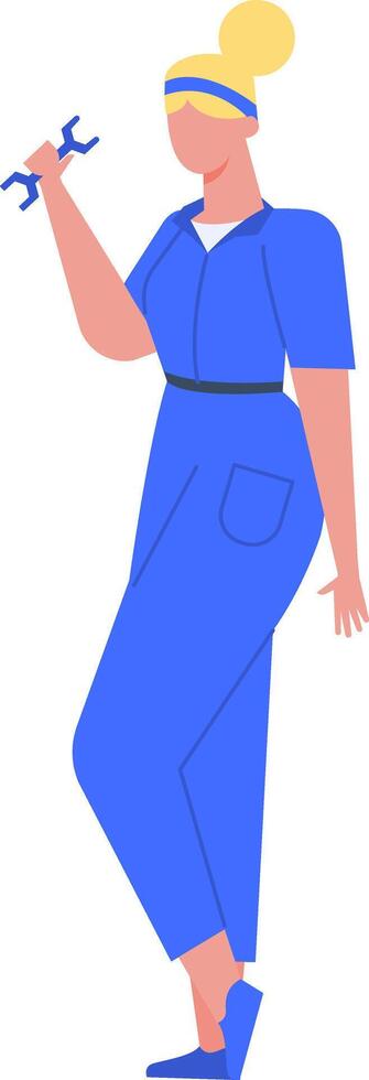 Illustration of a confident female mechanic in a blue jumpsuit, holding a wrench. Represents women in technical professions, emphasizing empowerment and gender diversity in the workforce vector