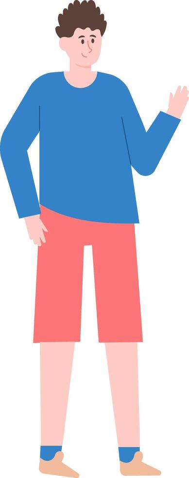 Full length illustration of a friendly young man with curly hair, wearing a blue long sleeved shirt, red shorts, and blue socks, waving his right hand in greeting, isolated on a white background vector
