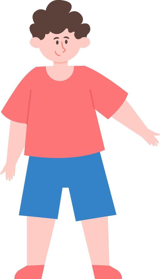 Full length illustration of a smiling young boy with open arms, dressed in a salmon t shirt, blue shorts, and salmon socks, exuding a friendly and welcoming vibe vector