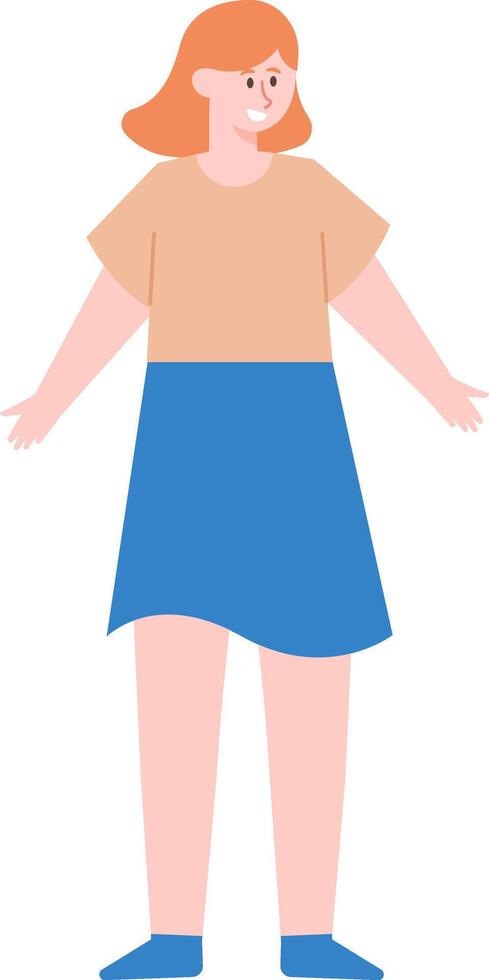 Full length illustration of a happy young woman wearing a beige t shirt and a blue skirt, standing with open arms and looking sideways with a smile on her face vector