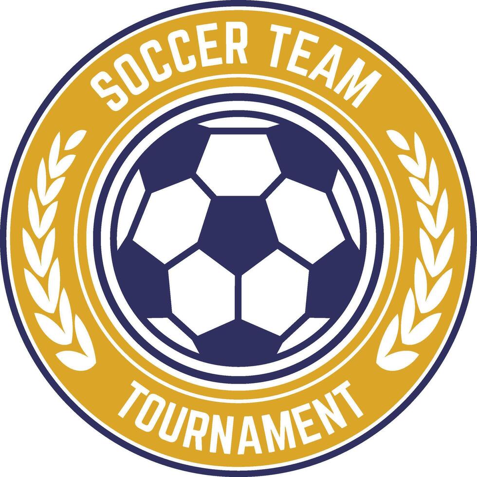 Round gold and blue logo for a soccer team tournament, featuring a soccer ball in the center and two laurel branches on each side, conveying a sense of competition and victory vector