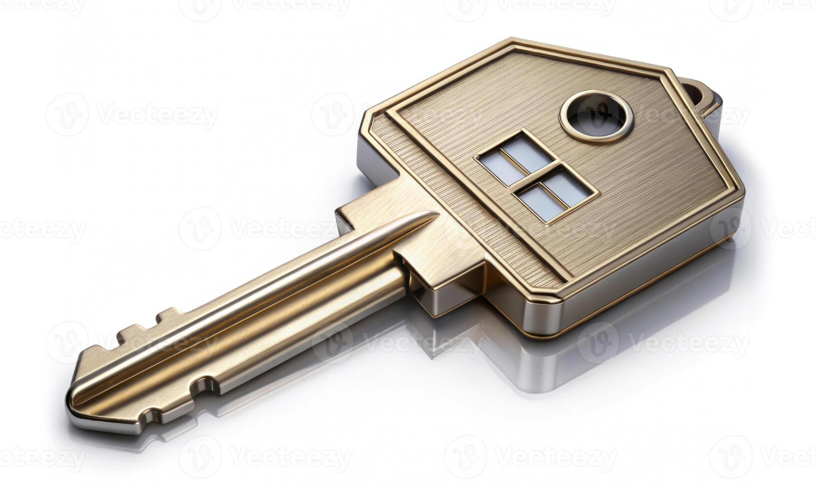 Close-up of a metal house shaped key lying on a white surface photo