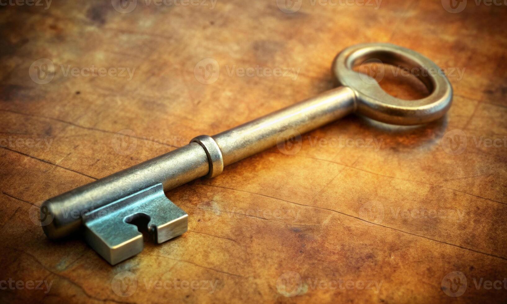 An old-fashioned metal key lies on a textured surface photo