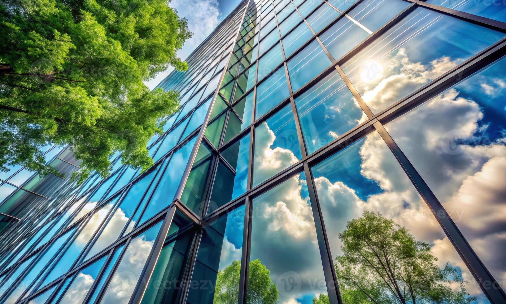 reflexiones de nubes y arboles en un vaso oficina edificio foto