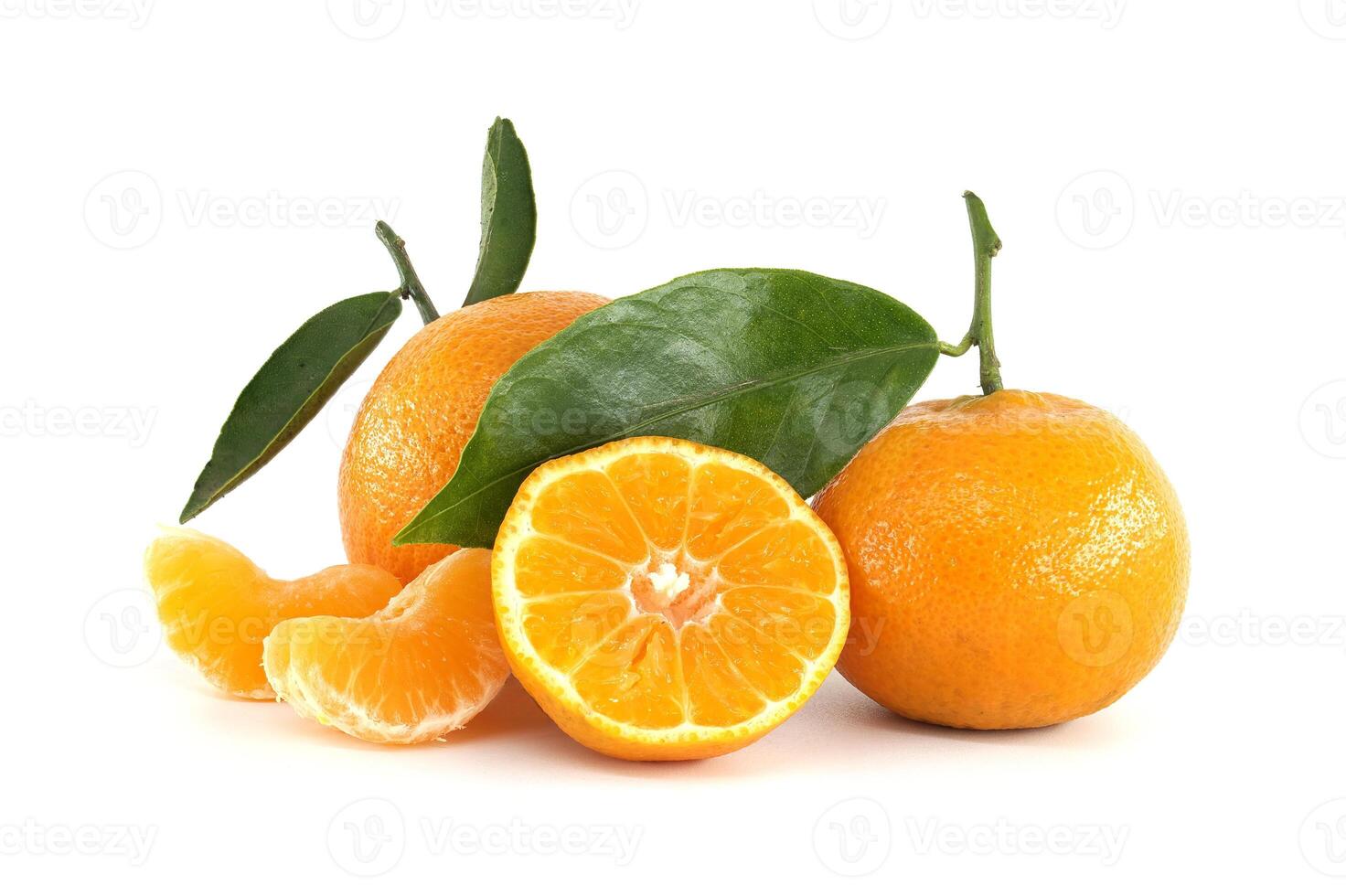 Fresh Tangerines with Leaves and Segments Showcasing Vibrant Color and Juiciness photo