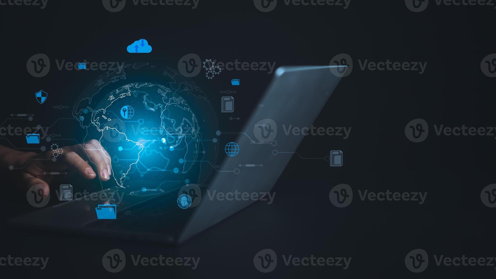 Digital technology, Internet network connection, Big data, Digital marketing IoT internet of things, Human hand using computer connect to information on the cloud computing technology storage network. photo