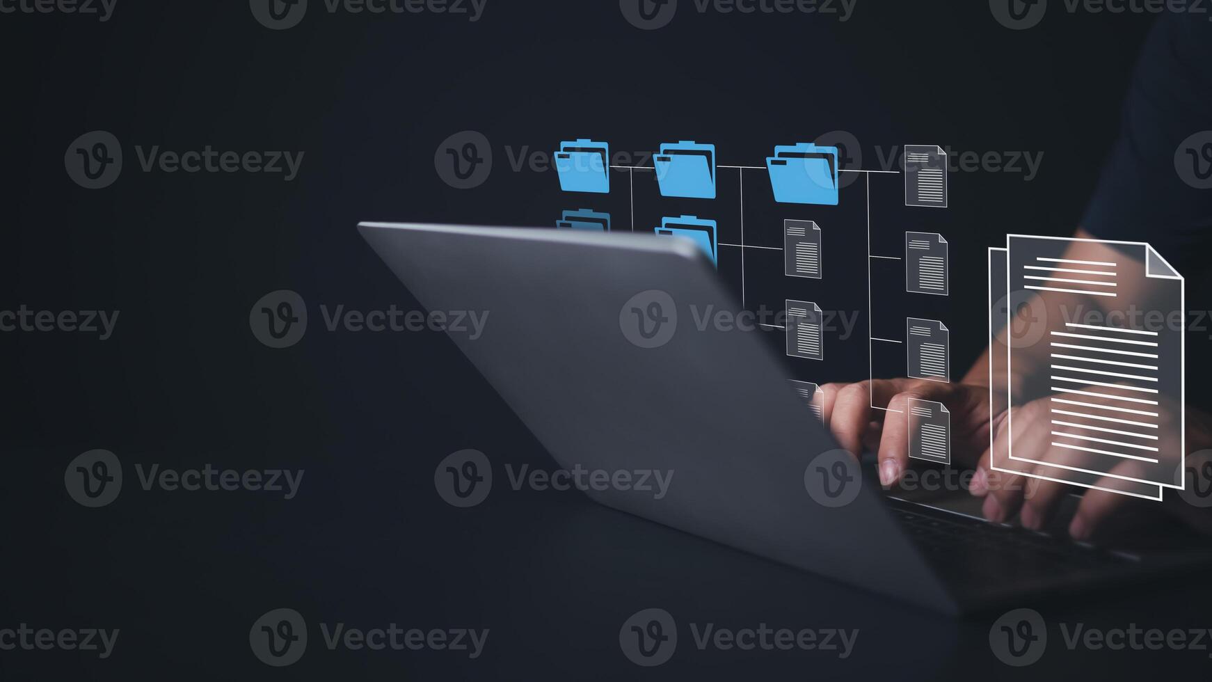 Document management system on computer with document directory. Archiving, Finding, and managing business file information software. Document electronic storage platform technology for the company. photo