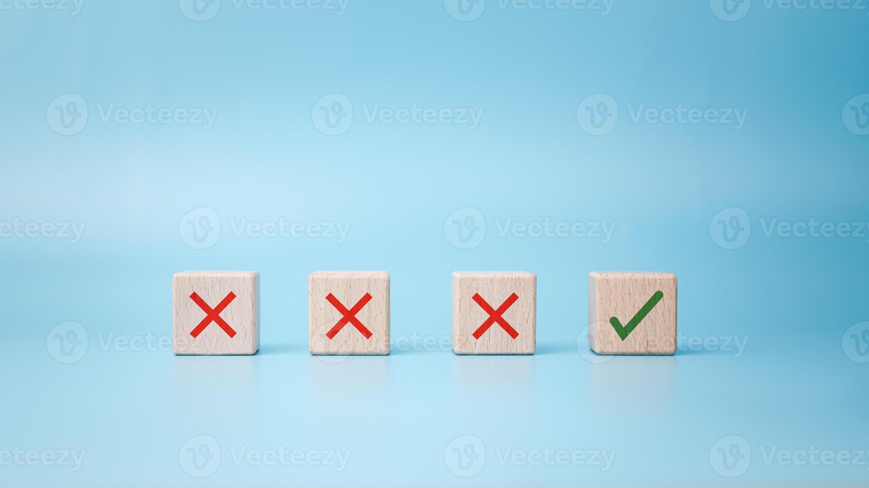 Checkbox with green check mark from row of multiple boxes with red crosses on blue background, Pro and contra or accept and decline, Strategy of choice, Concept of positive or negative decision. photo