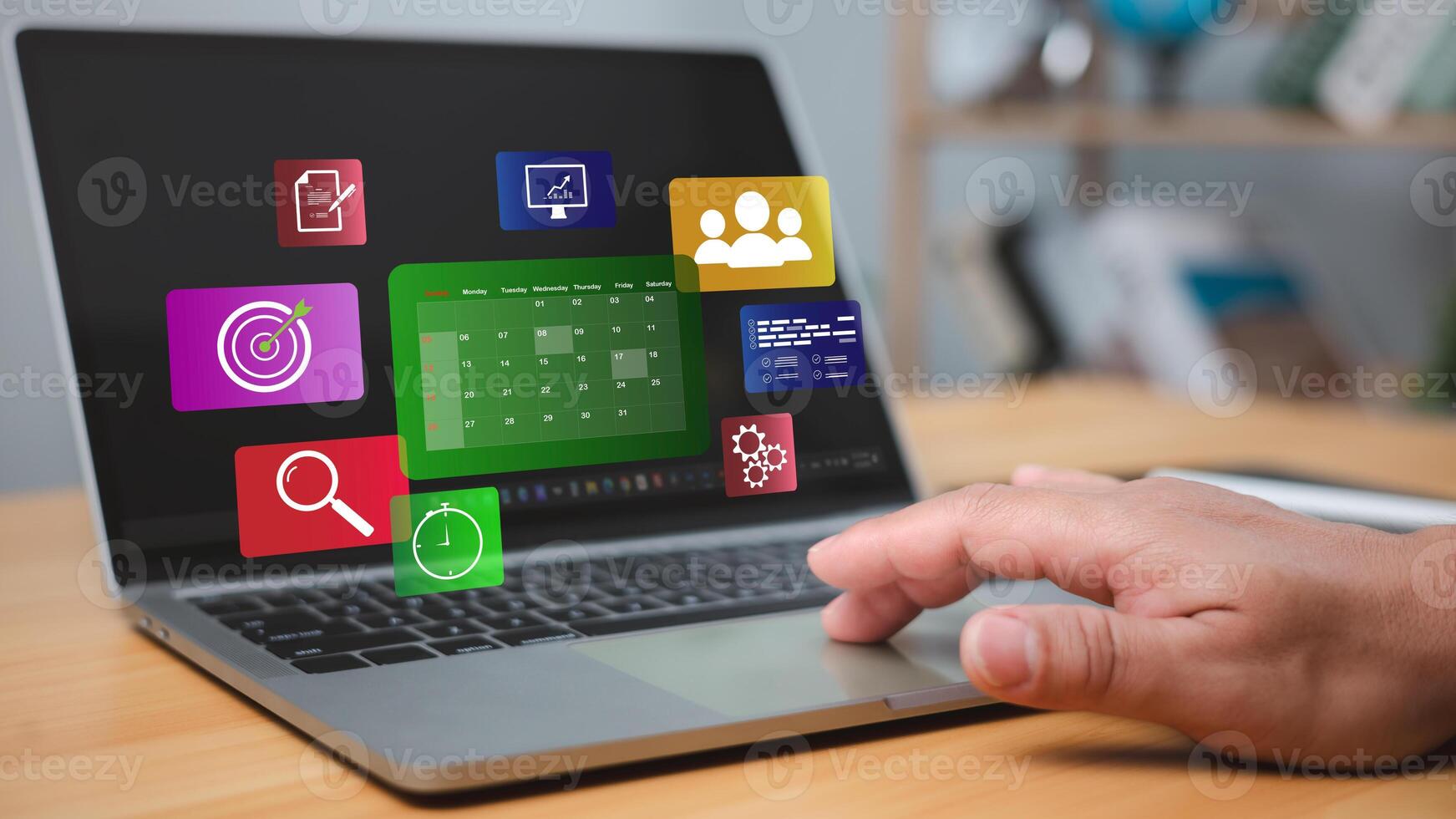 Calendar for monthly appointments and planning, Setting reminders for important appointments, Agenda plan and schedule event, Managing his business schedule, Hand marking dates on virtual calendar. photo
