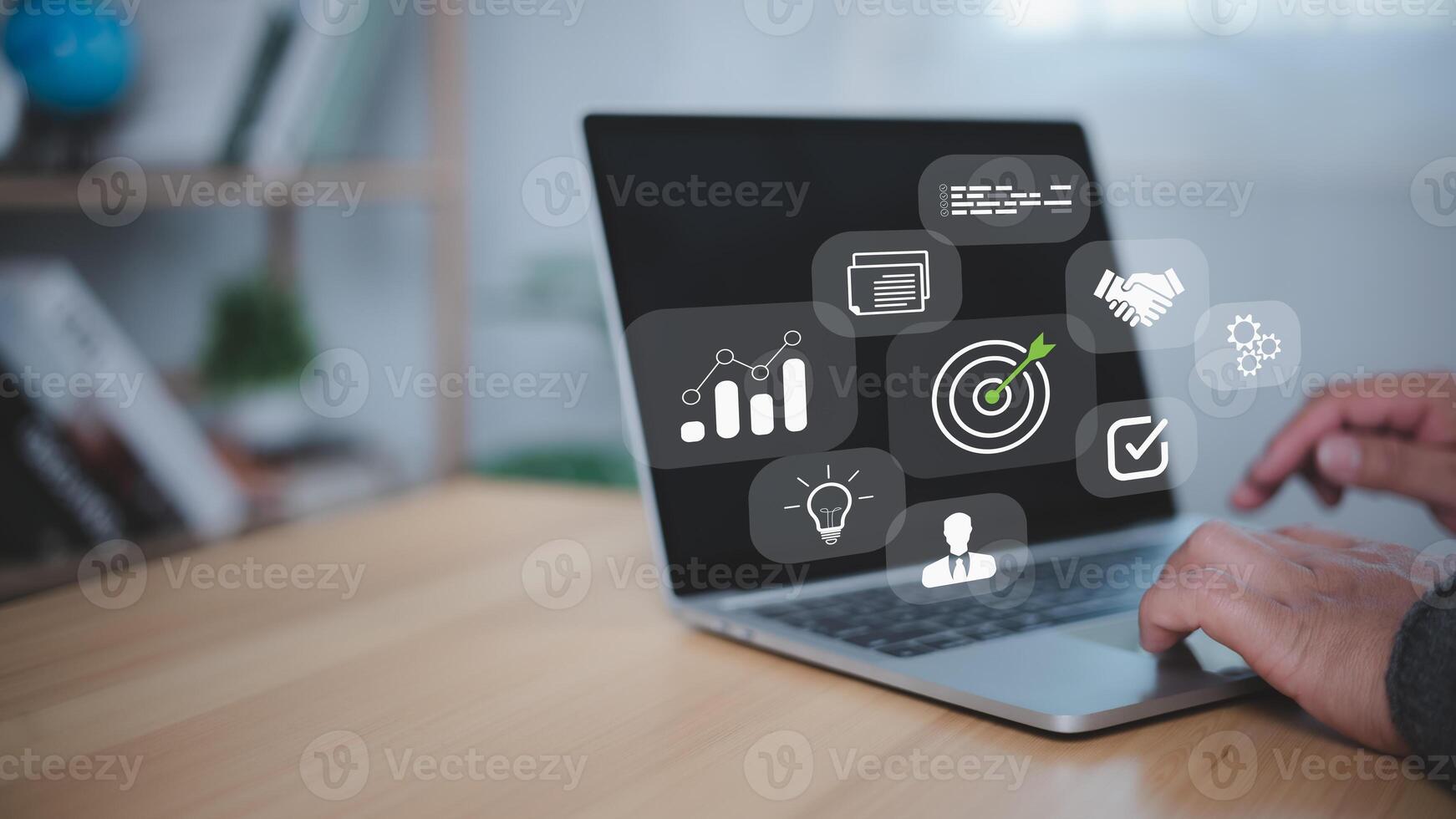 Targeting business concept, business objective, Successful business growth, Goals business, Hand man using laptop with target icon for strategic planning to business growth and target customer group. photo