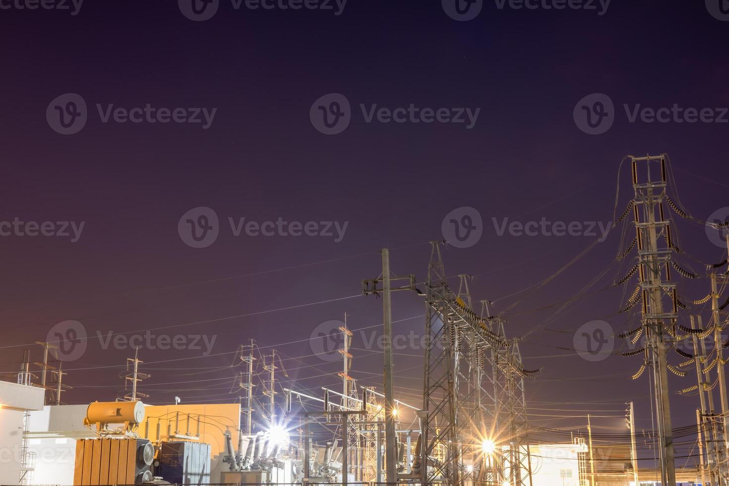 High voltage power transmission point, High voltage electric insulated yard, Is an access point for multiple power supply points, evening duration. photo