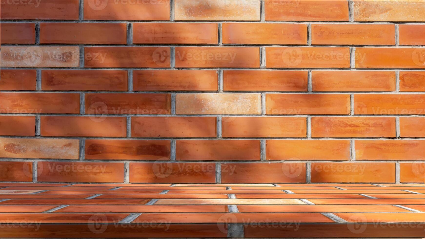 Background of red brick texture with shadow blade leaves, Well display product and text present on free space, Luxury backdrop, Empty orange red brick wall floor and wall room, Spring and summer. photo