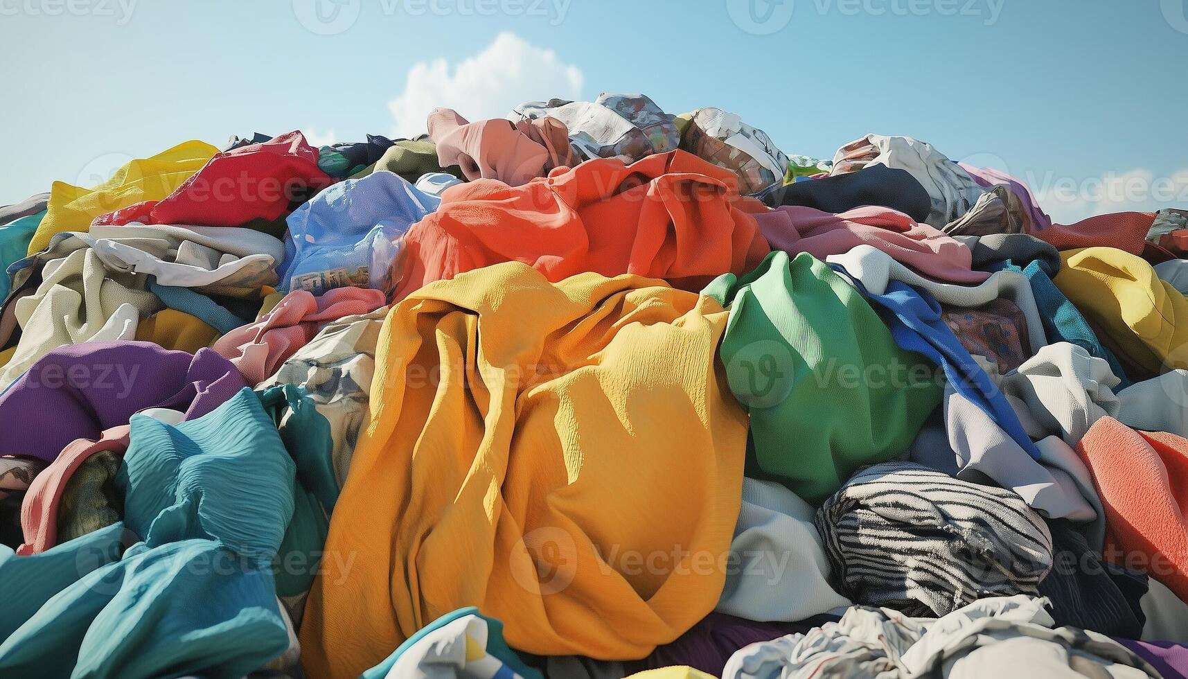 Pile clothing rubbish in style outfit waste nature pollution from fashion industry with blue sky photo