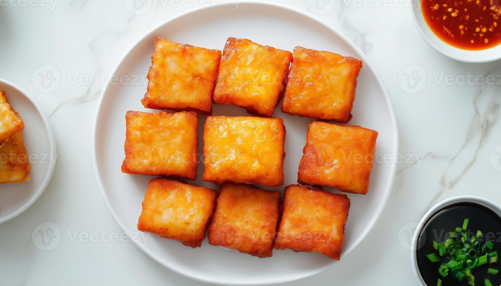 Fish cake dice fried with spicy sauce for simple lunch on white plate photo