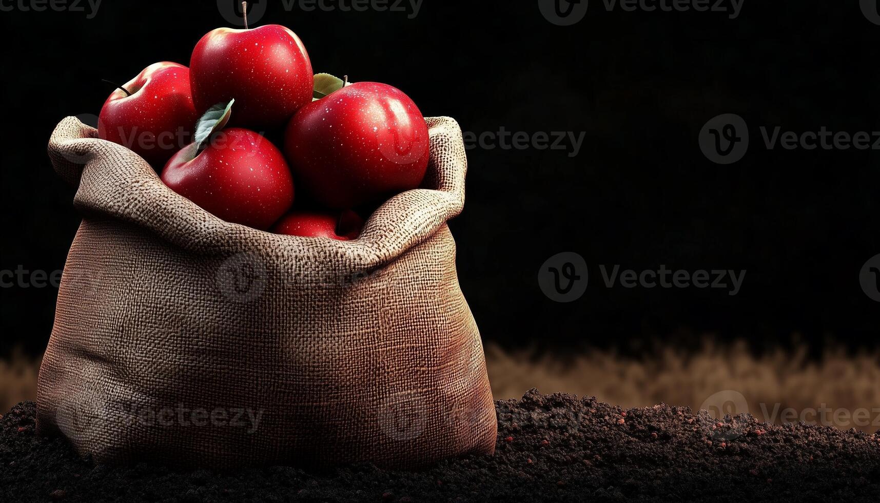 Apple organic fruit in sack bag linen container in soil gardening area photo