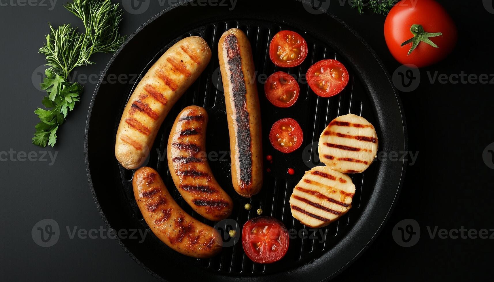 Chicken sausage grill slice baked with tomato, lemon and parsley on iron frying pan dark background photo