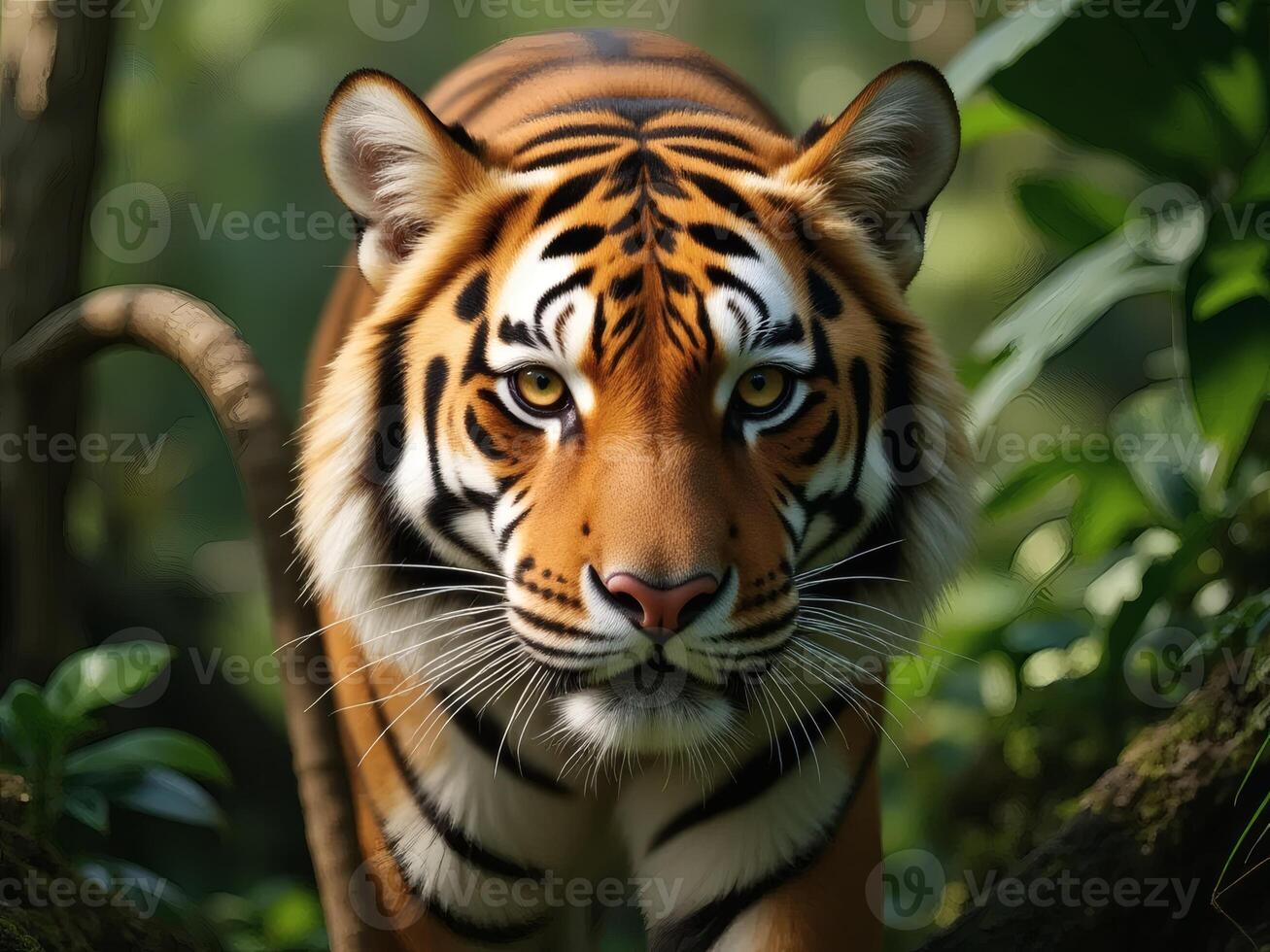 Stylized Bengal Tiger with Sharp Amber Eyes in Green Jungle photo