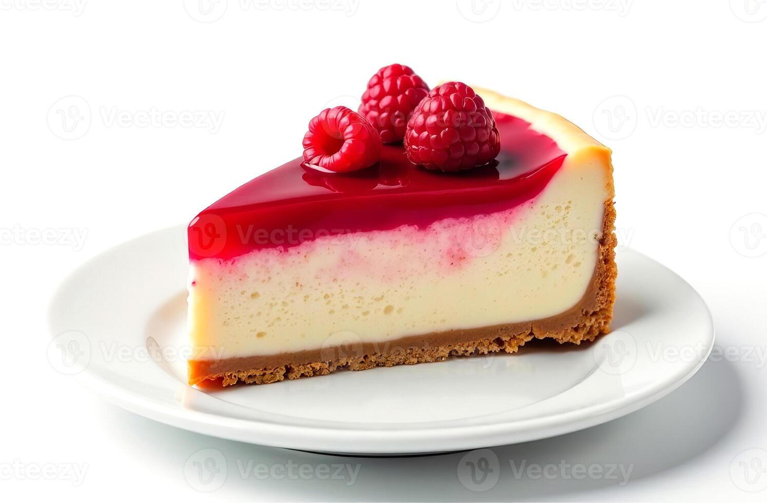 Bright raspberry cheesecake on a white plate on a white background. photo