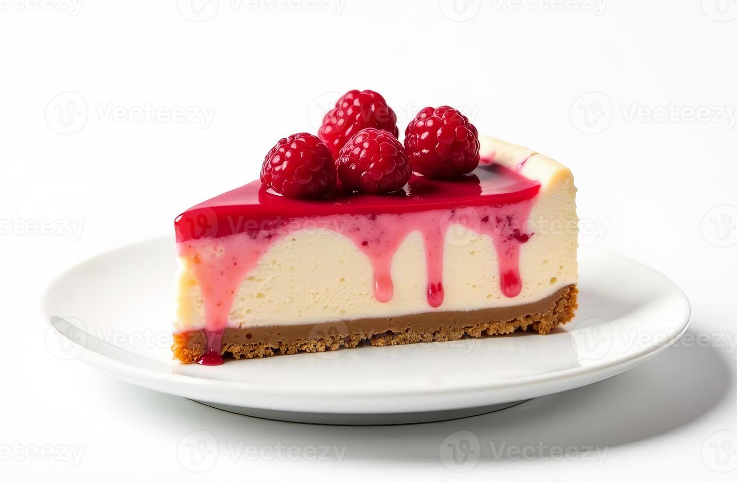 Bright raspberry cheesecake on a white plate on a white background. photo