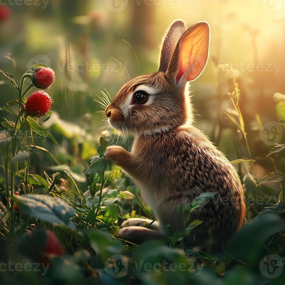 Bunny with wild strawberry photo