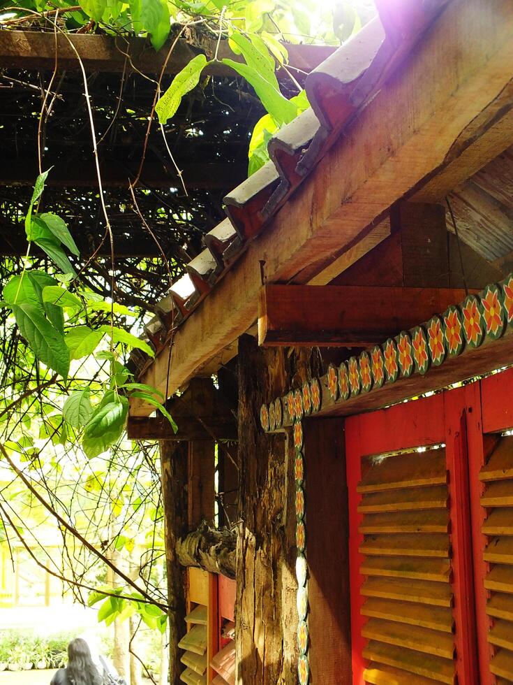 Traditional ethnic wooden building with a red window and a green vine growing on it. The building is surrounded by trees and has a rustic, natural feel to it photo