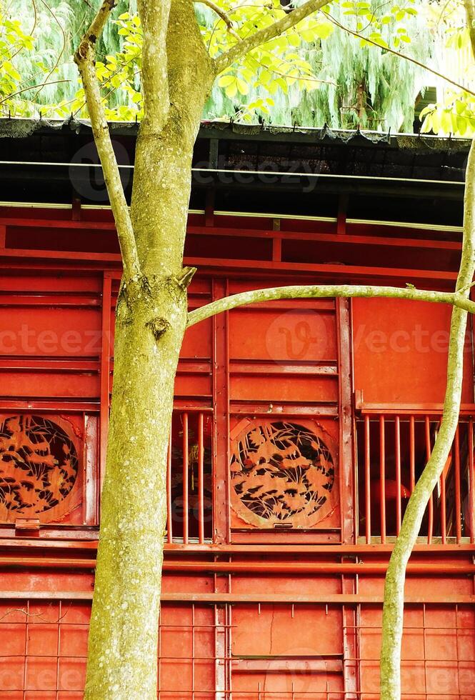 The background of a red ancient building, with shades of Asian ethnic motifs. There is a tree trunk in front of it, creating a peaceful and calm atmosphere photo