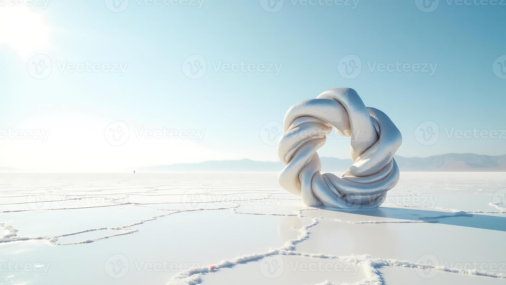 Twisted sculpture on a vast salt flat under a clear blue sky photo
