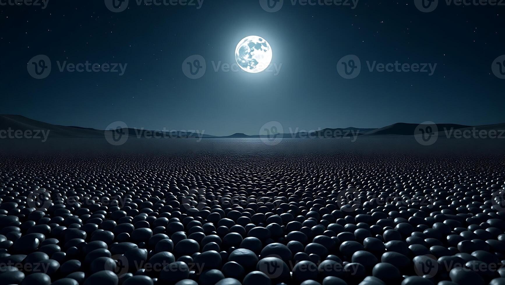 Night landscape with numerous black spheres under a full moon photo