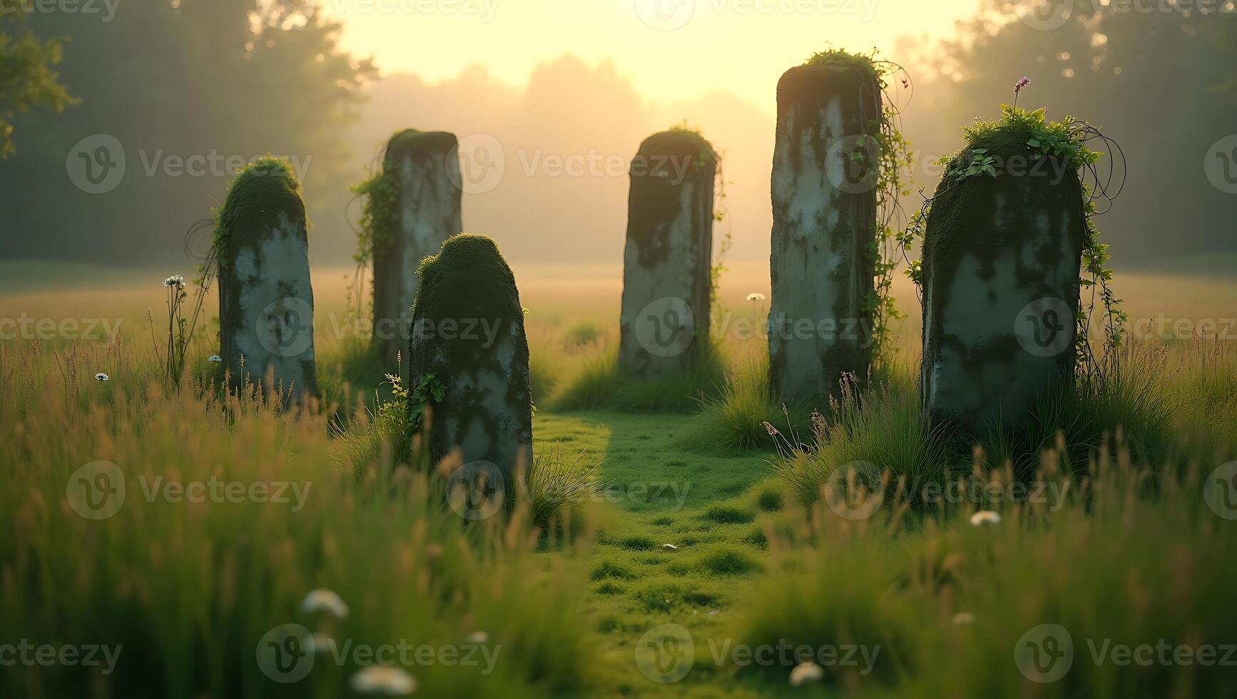 Stones surrounded by tall grass in a sunny field at dawn with soft light photo