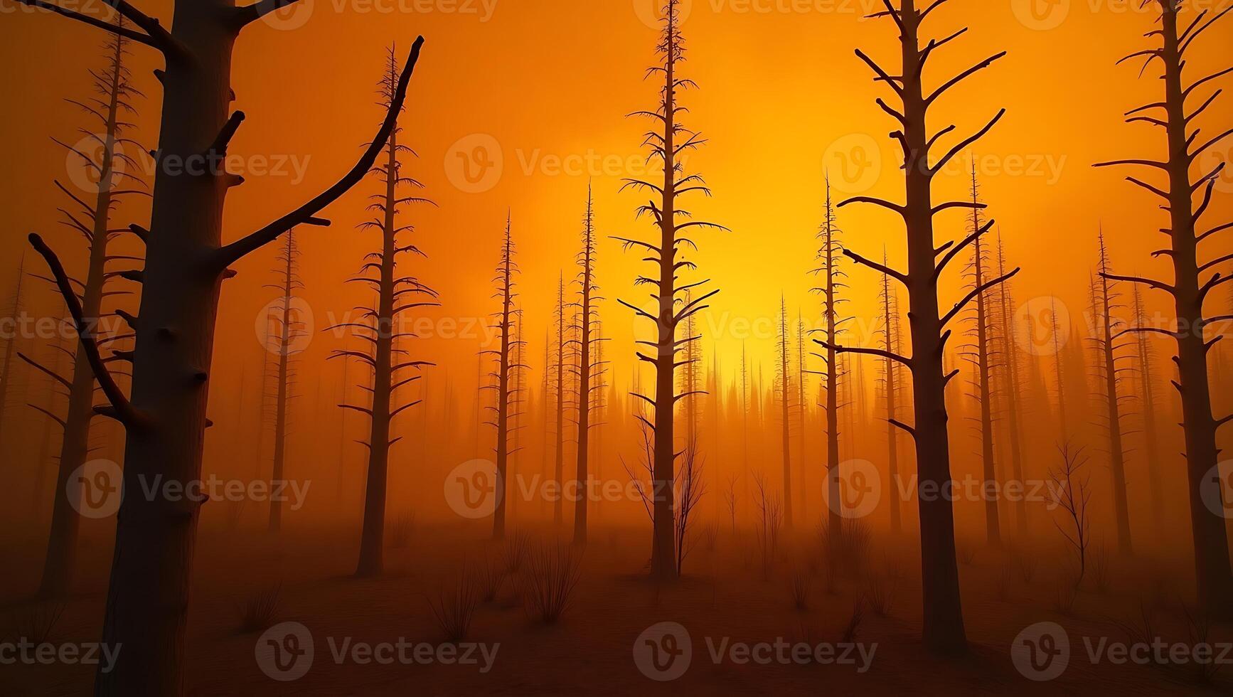 Orange glow in a foggy forest with bare trees at sunset photo