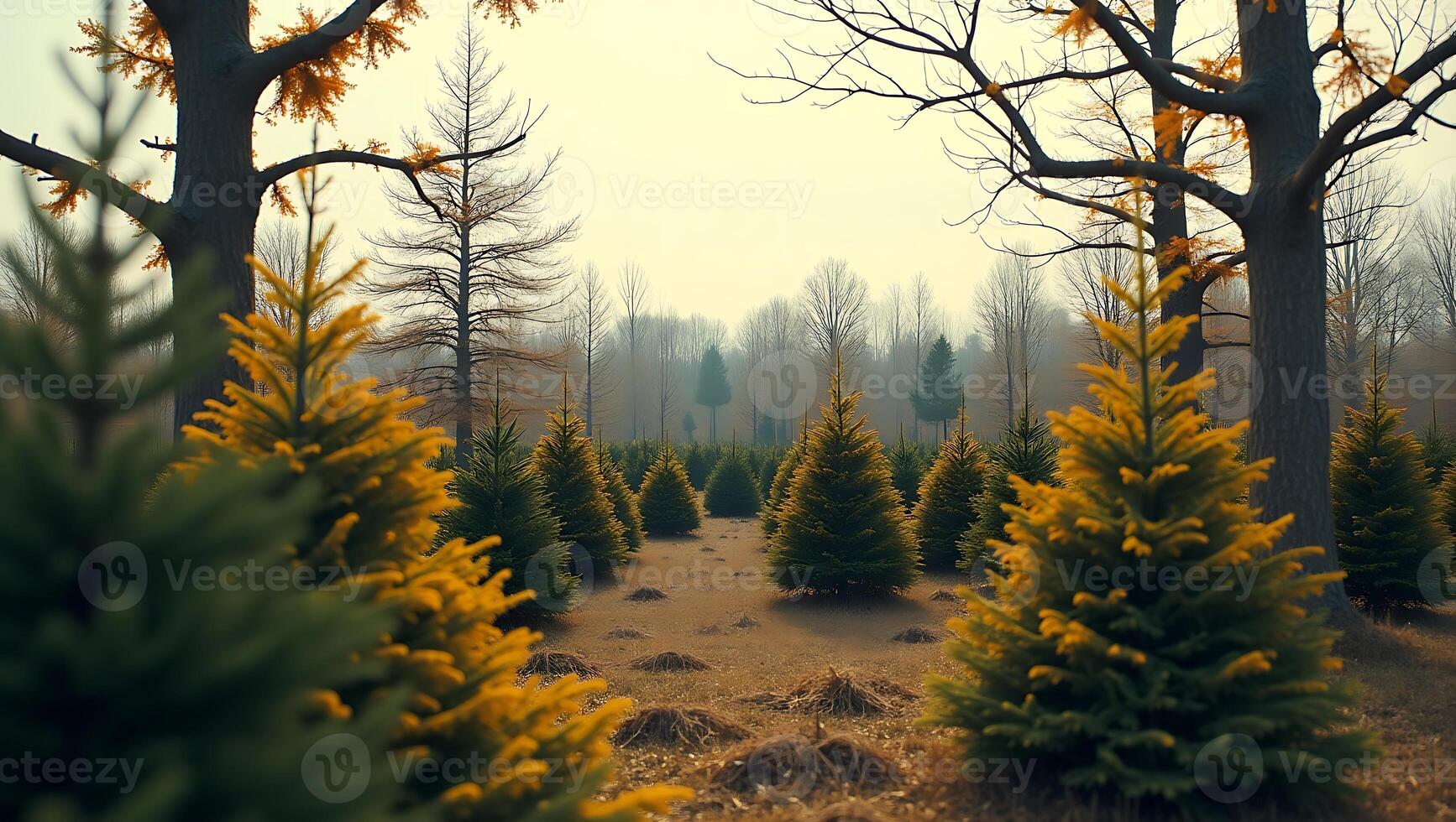Lush forest of evergreen trees with a golden hue in the afternoon light photo