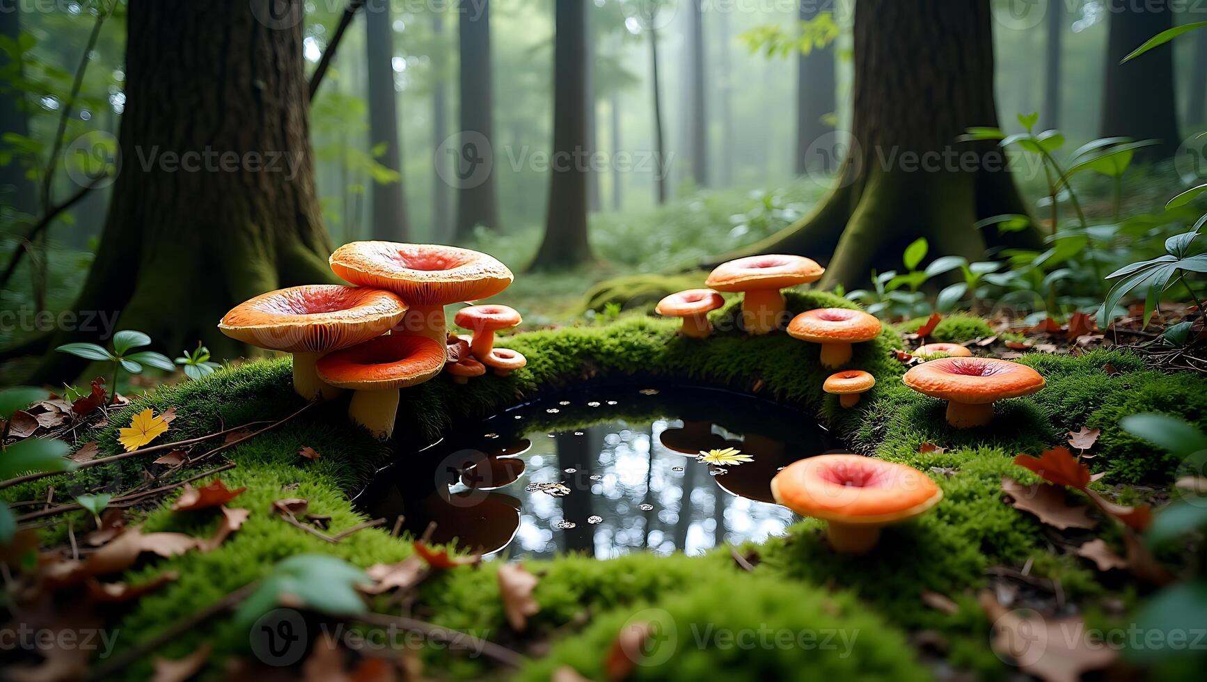 Colorful mushrooms around a small pond in a misty forest setting photo