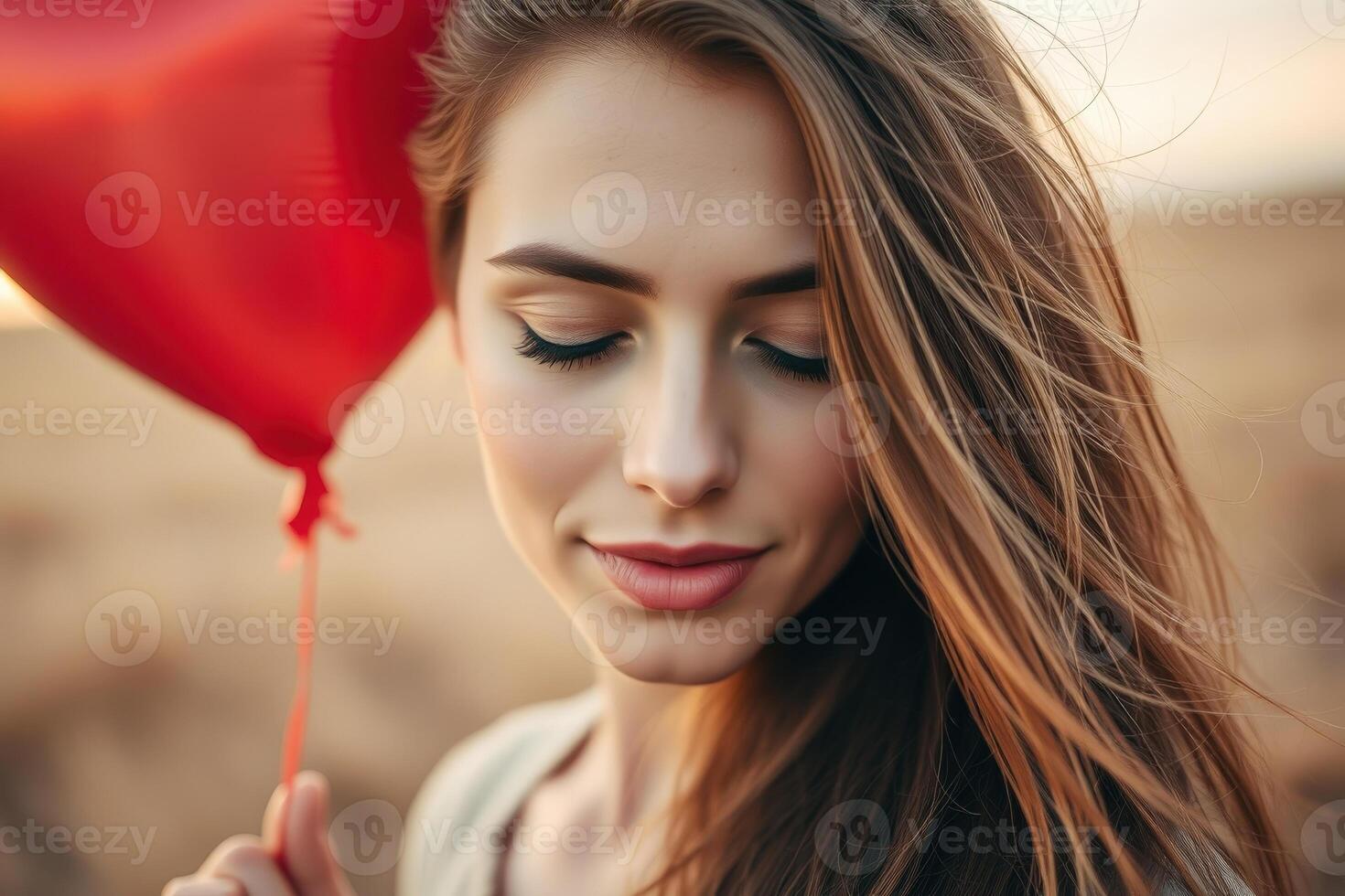 Dreamy Closeup Portrait of a Beautiful Woman Holding a Red Balloon at Sunset in a Soft Aesthetic Digital Art Style with Romantic and Serene Expression photo