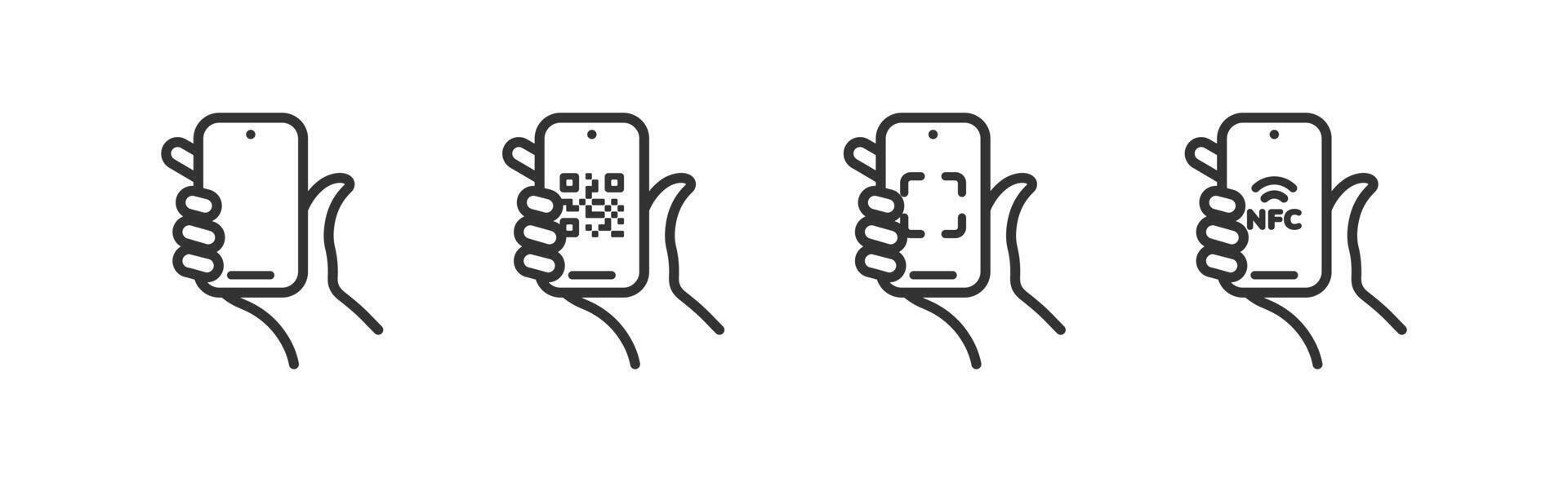 Hand hold phone icon. Smartphone finger touch. Mobile device scanning QR code, NFC. vector