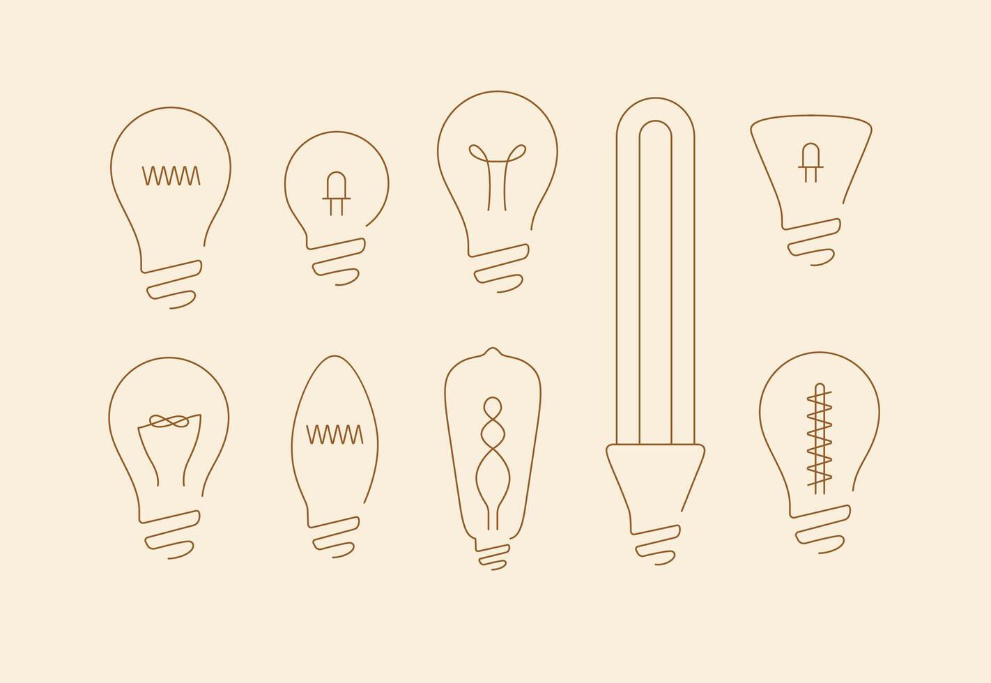 Lamp icons set drawing in flat line style on beige background. vector