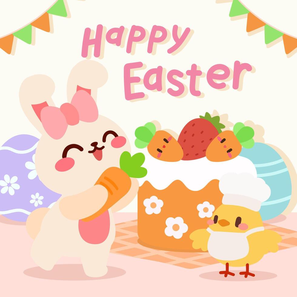 An adorable Easter illustration featuring a cute bunny holding a carrot, a tiny chick dressed as a chef, and a delicious carrot cake with smiling toppings, set in a festive spring celebration. vector