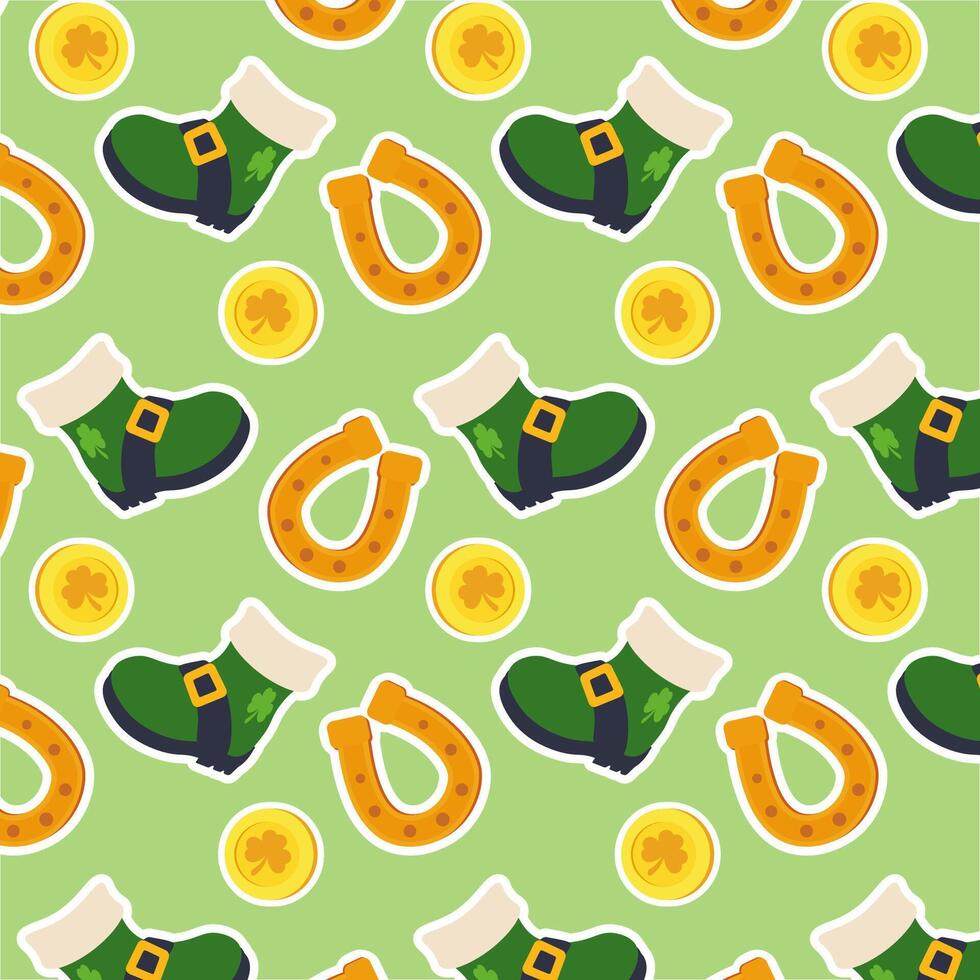 St. Patrick s Day Pattern with Leprechaun Boots, Gold Coins, and Horseshoes. vector