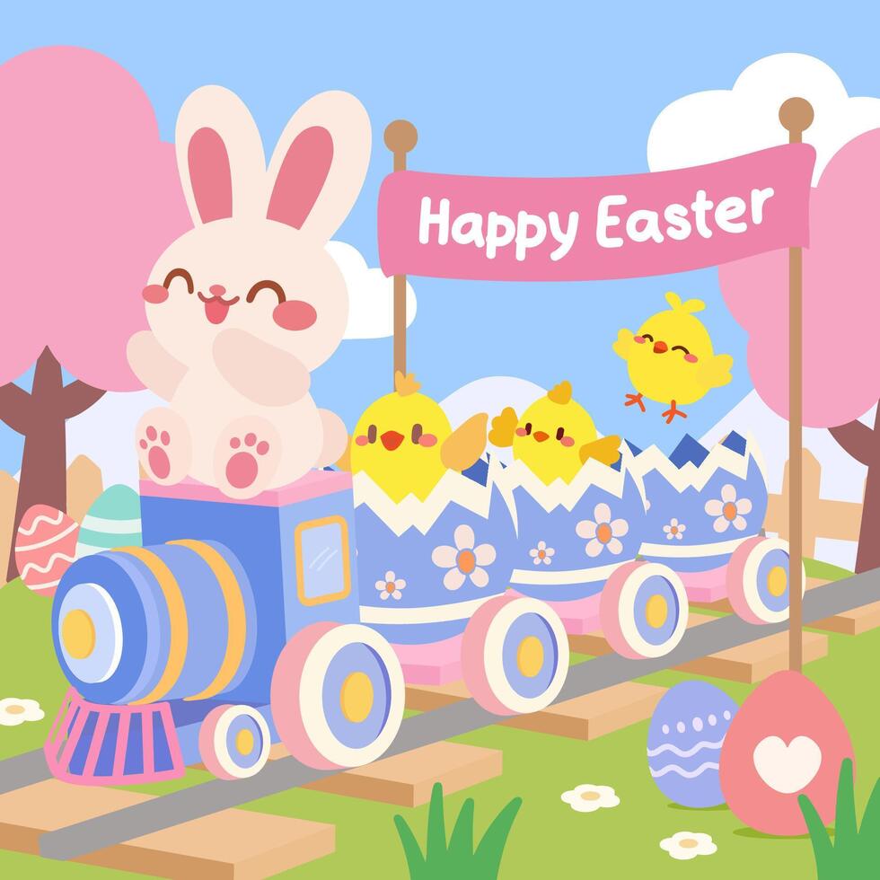 Cute Easter Bunny and Chicks Riding a Festive Train. Adorable Easter Train with Bunny and Hatching Chicks. vector