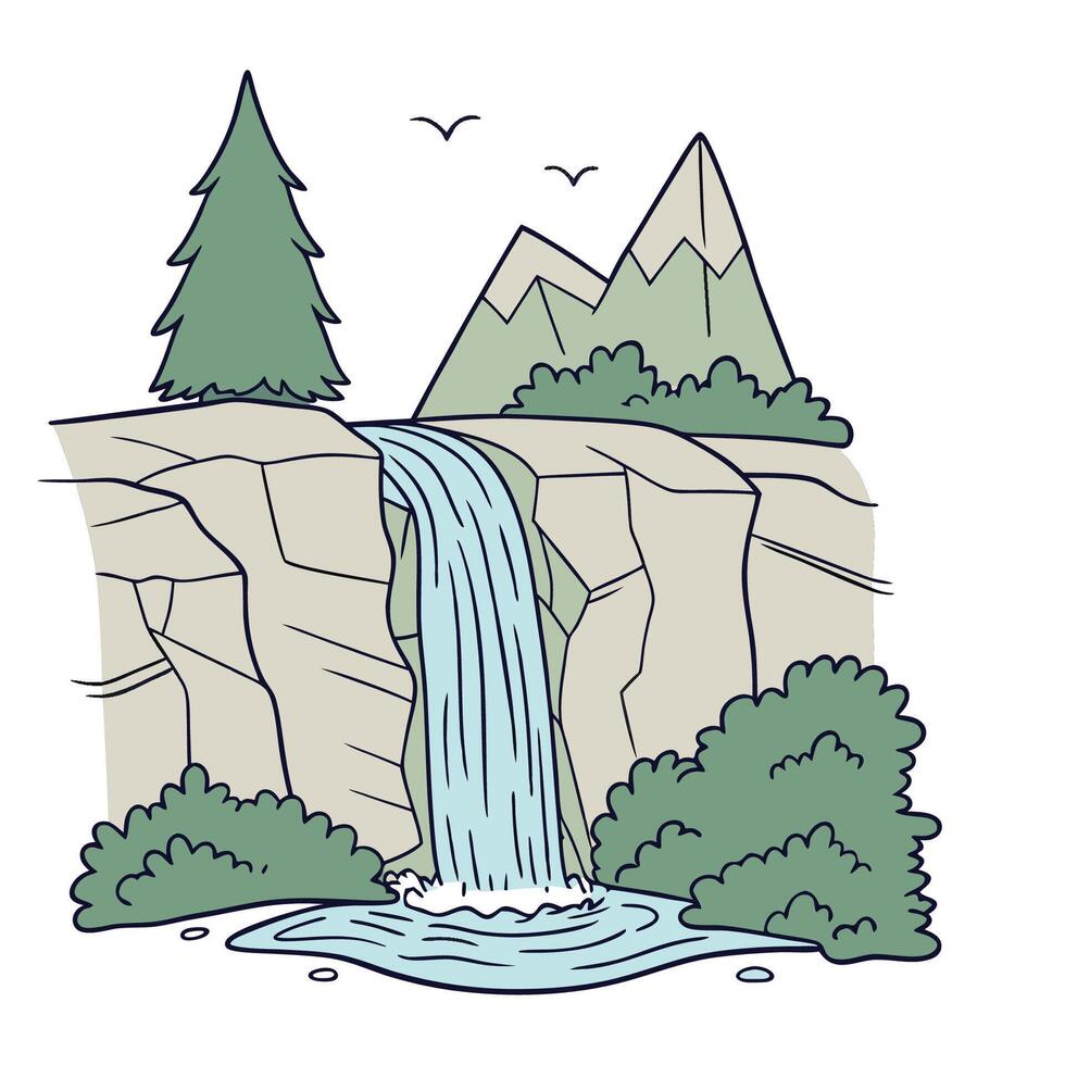 Illustration of a Waterfall Flowing Over Rocks Surrounded by Trees vector