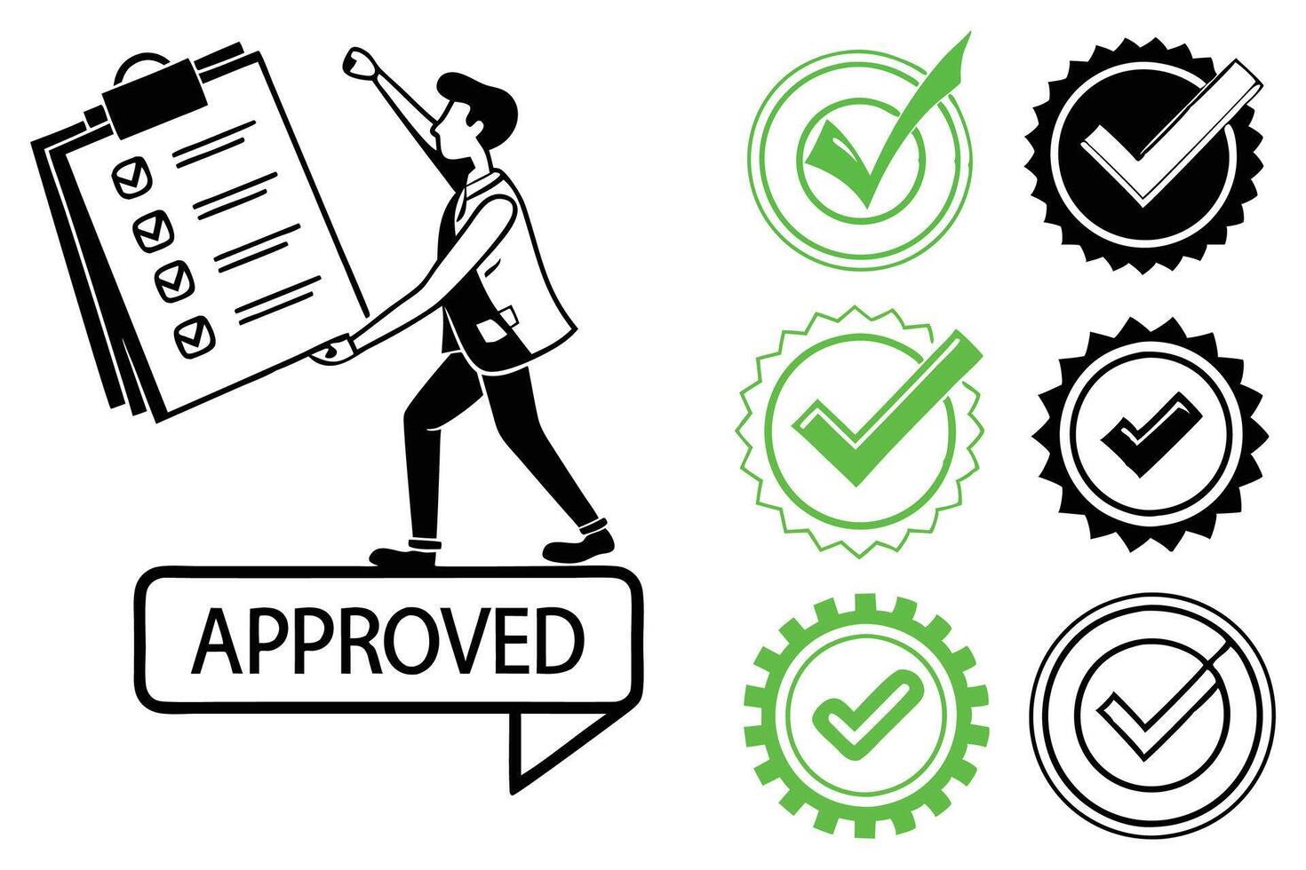 Approved Stamps, Certification Icons in Black and White vector