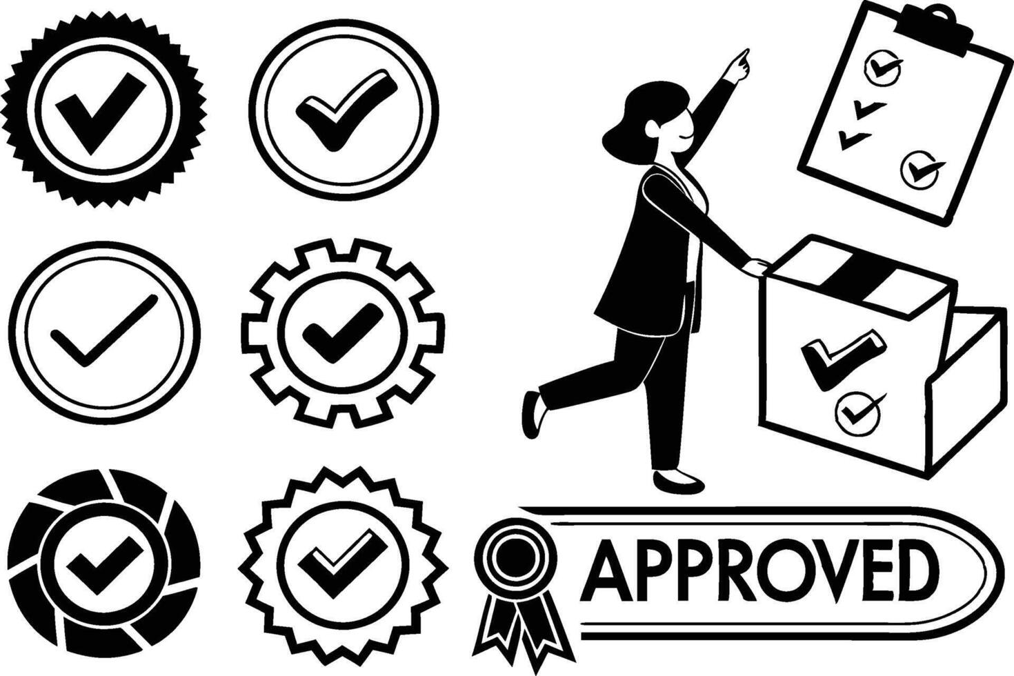 Approved Stamps and Certification Icons in Black and White vector