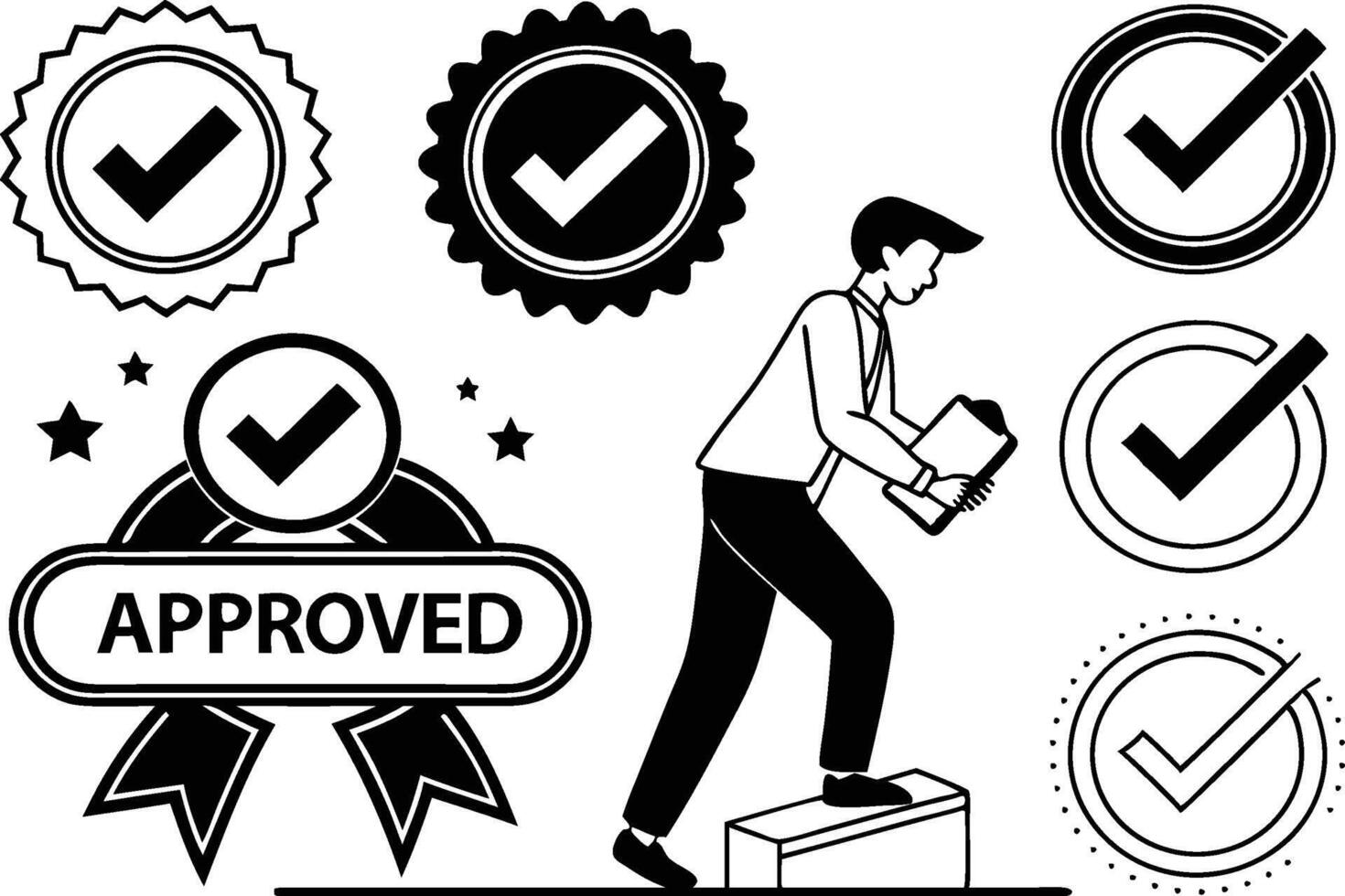 Approved Stamps and Certification Icons set in Black and White vector