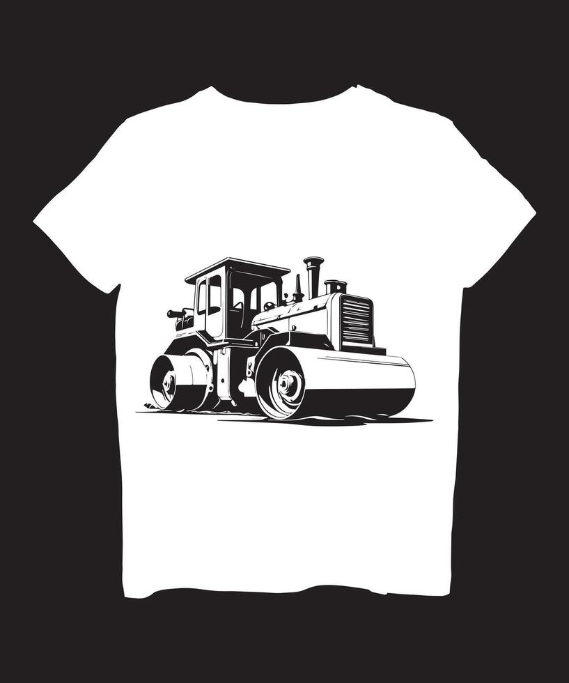 a white t - shirt with a black and white drawing of a bulldozer vector